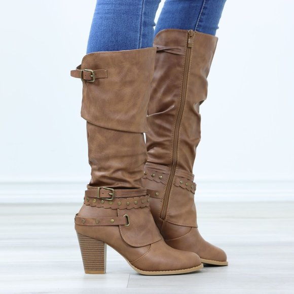 Motorcycle Heeled Boots For Rocker Biker Girls Below The Knee Tan Faux Leather - Picture 3 of 15